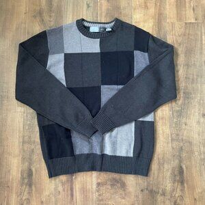 Oscar de la Renta Men’s L Crewneck Sweater Black Gray Block Check Cotton Blend